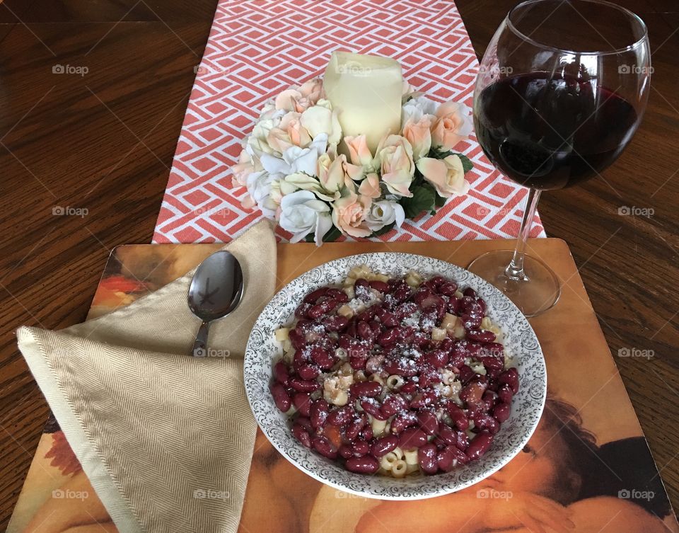 Grandma Josie’s recipe for Pasta Fagioli and a glass of red wine!