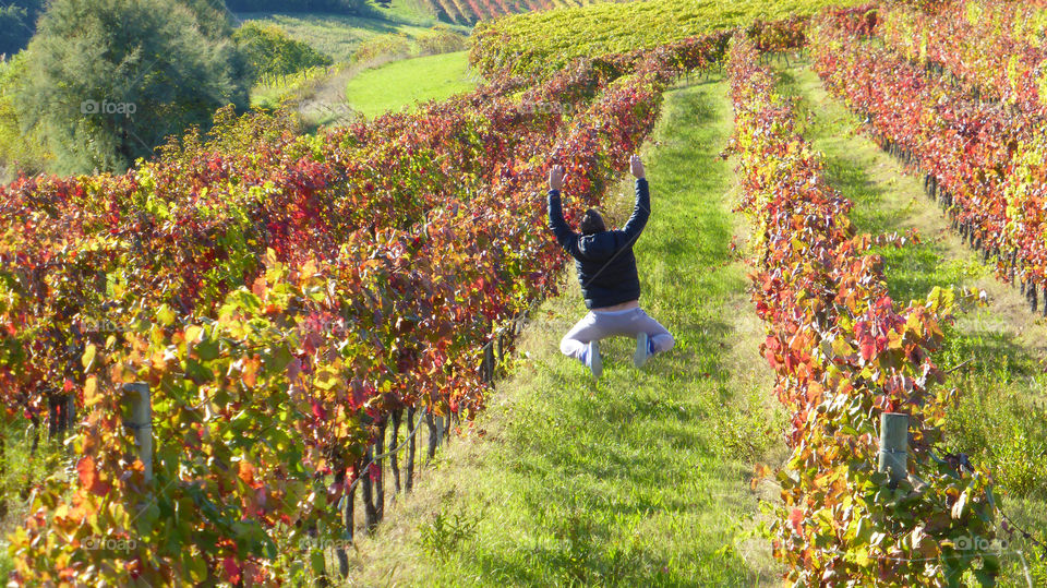 exultation among nature. A man jump in a beautiful autumn place