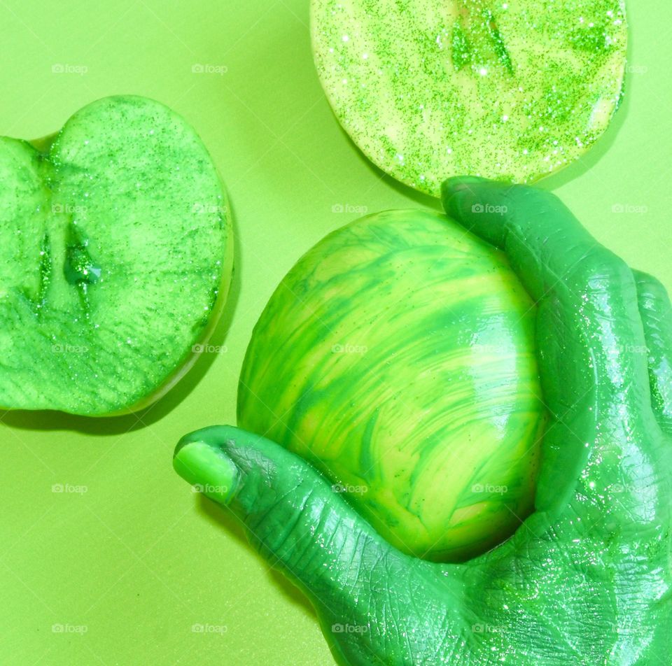 Abstract apples and a hand painted green 