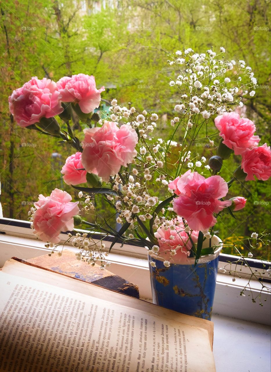 Opened window, a cup with a bouquet of pink carnations, old books on a background of green trees