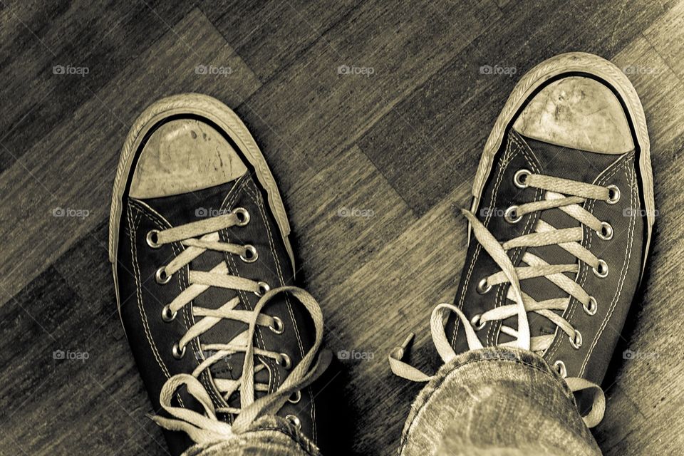 All Star. Black&withe photograph of my shoes, on the wooden parquet.