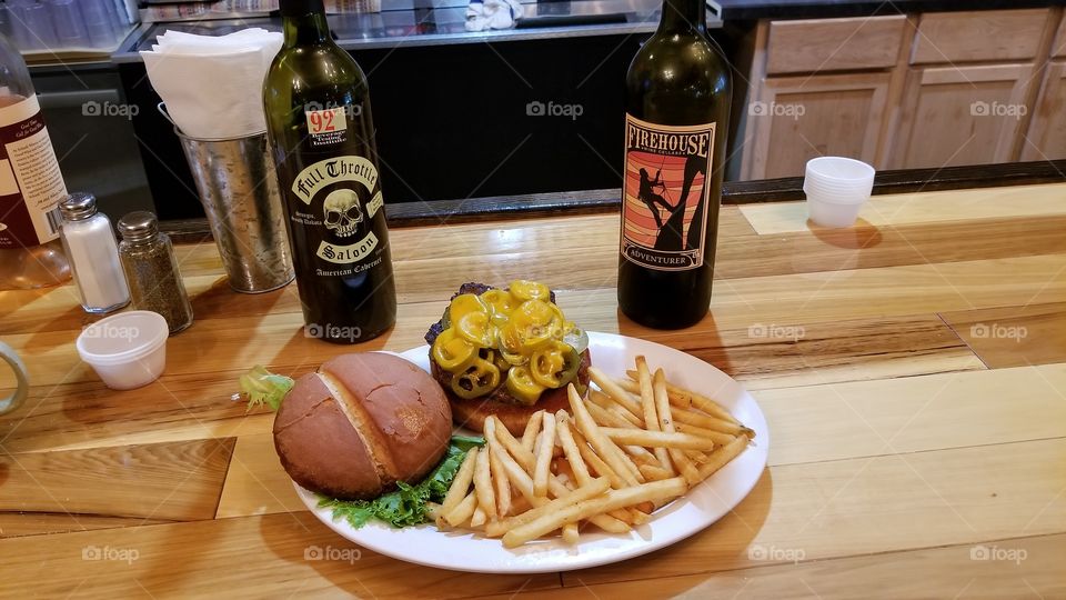 Elk burger with fire house wine