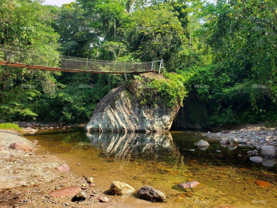 Puente Colgante de hamaca construido sobre una Roca enorme que utilizan los pobladores de la comunidad de La Ausencia en La Ceiba, Honduras. para cruzar el río que tiempos de lluvia es muy caudaloso.