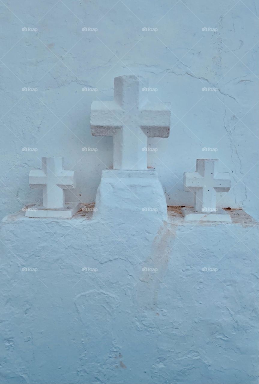 Three white washed stone crosses, religious architecture, churches and cathedrals, religious building, Christian symbols 