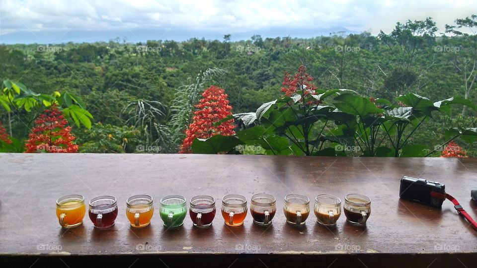 Coffee and tea. Coffee plantation in Bali.  from right to left.  Coffee: Balinese, Vanilla,  Coconut,  Hot pure cacao 
Tea: Lemongrass, Rosilla, 
Green, Ginger, Mangosteen, Tumeric