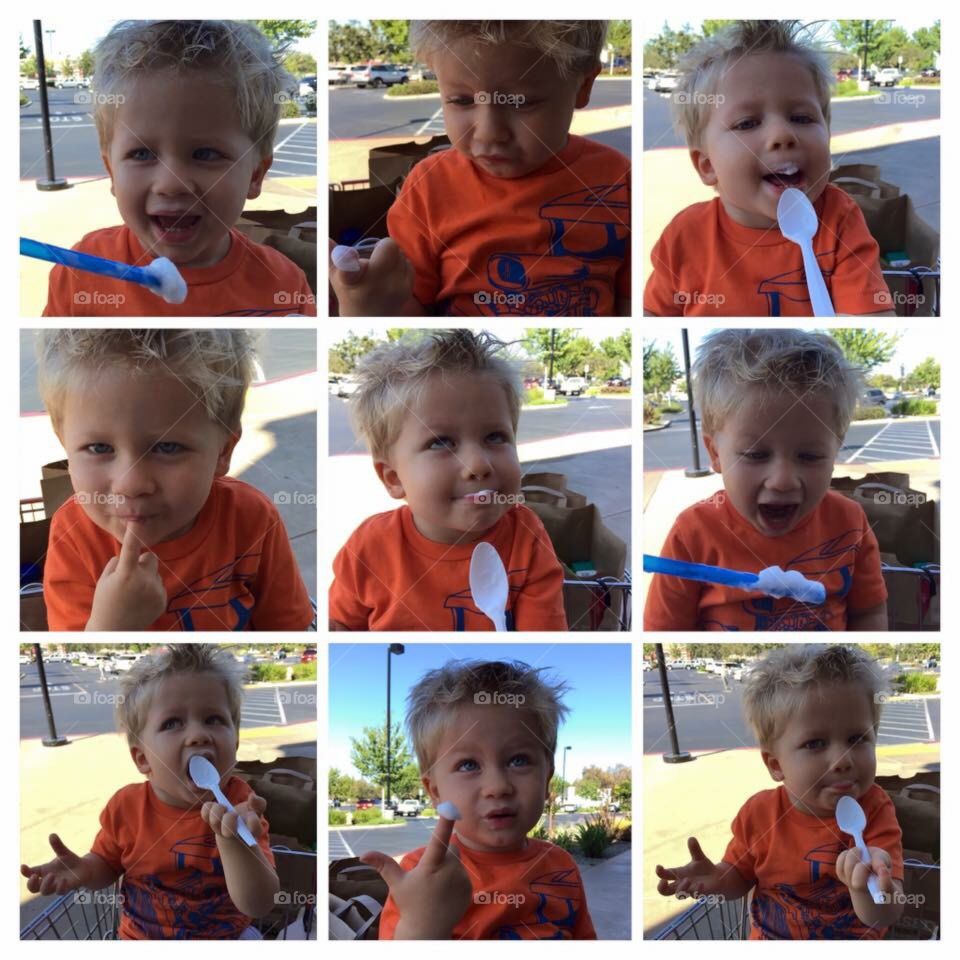 Collage of little boy eating food