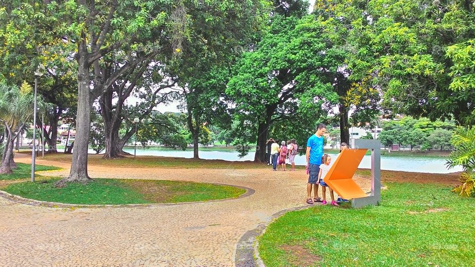 Family reading information in park