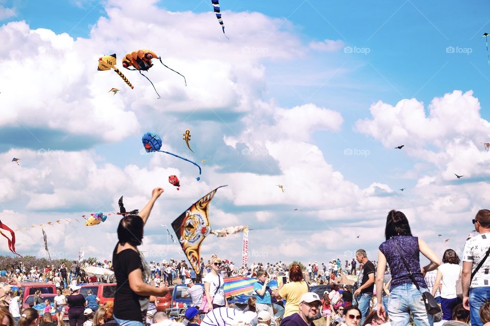 Group of people flying kites