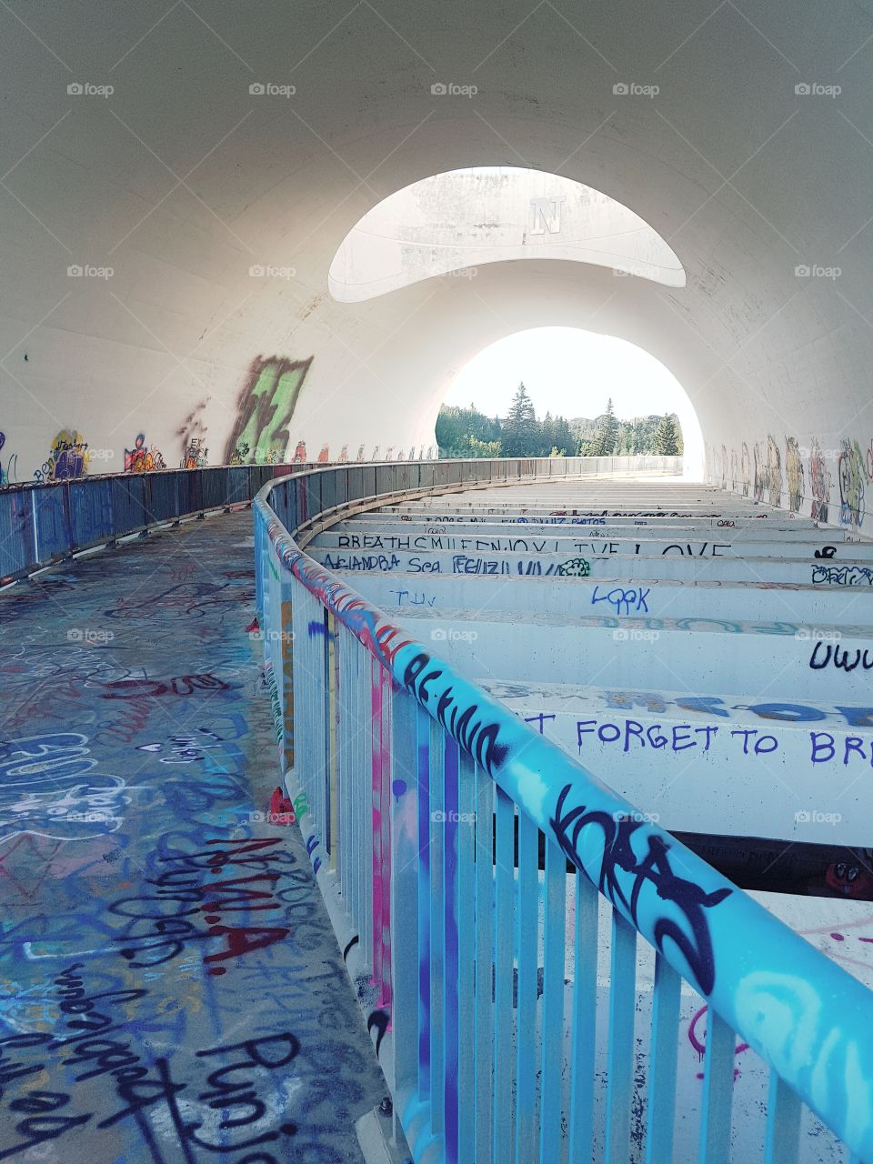 Amazing bridge engineering. Graffiti overrun walls and railing.