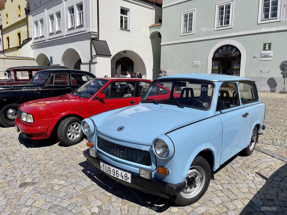 Beautiful blue retro car outdoor 