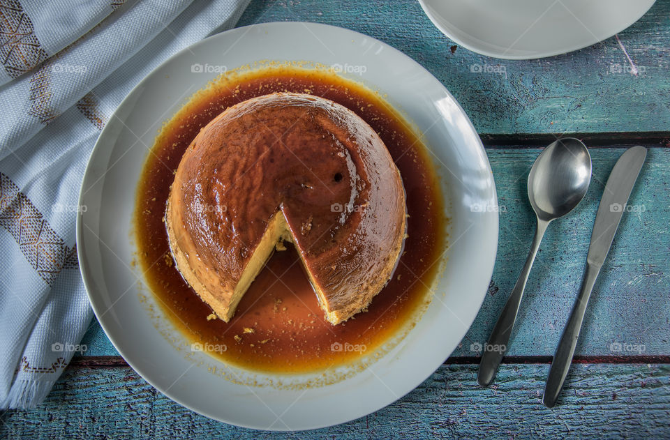 Overhead view of crème caramel
