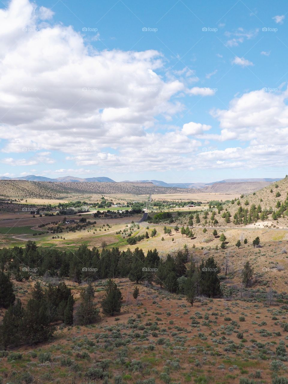 A view down hills into the farming valley and the small rural community of Gateway in Central Oregon on a sunny summer  day. 