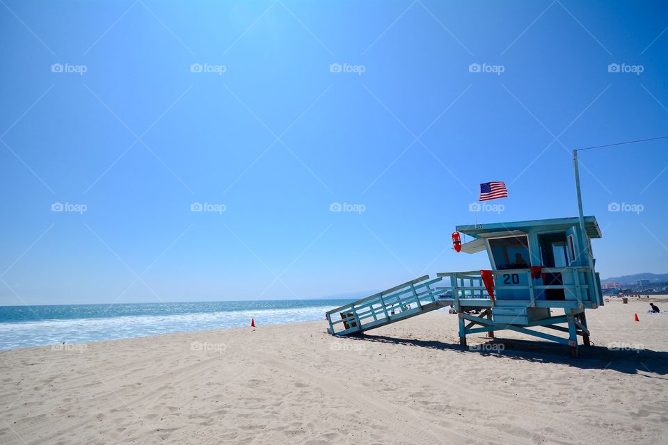 Anyone seen C.J. or Mitch? Bay watch or Baywatch - lifeguard tower at Santa Monica beach in Los Angeles 