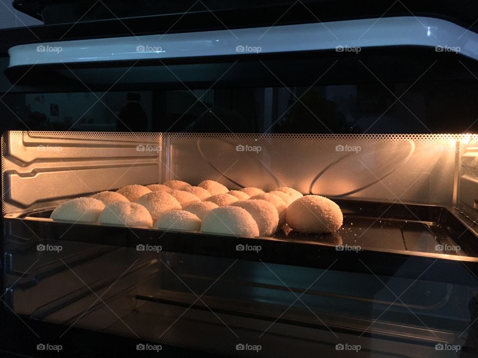 Freshly baked bread inside the oven.