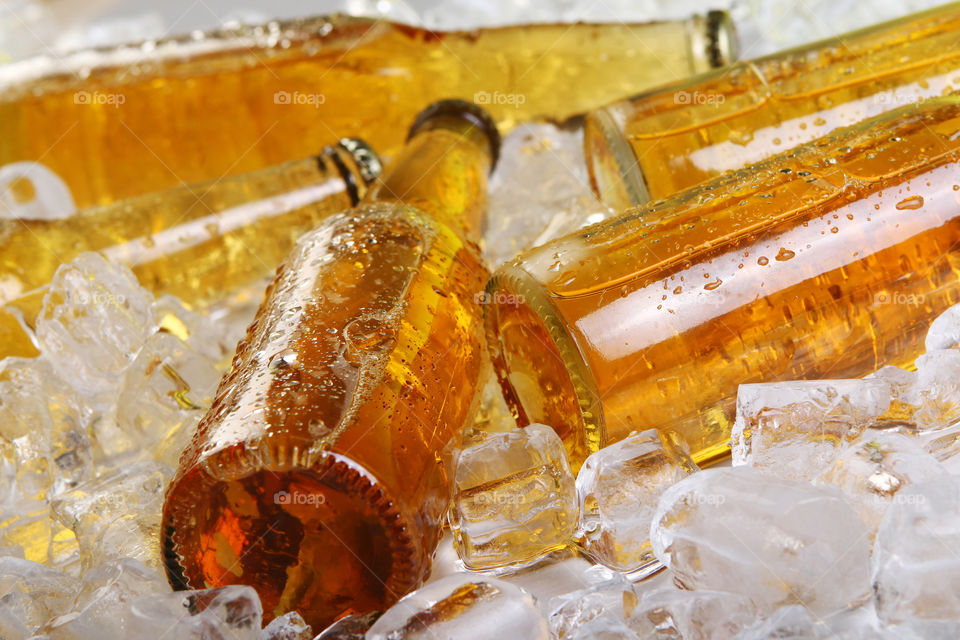 Close up photo of beer bottles and ice cubes