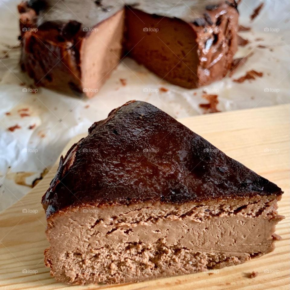Homebaked Dark chocolate basque burnt cheesecake so oozing with cheesy goodness 