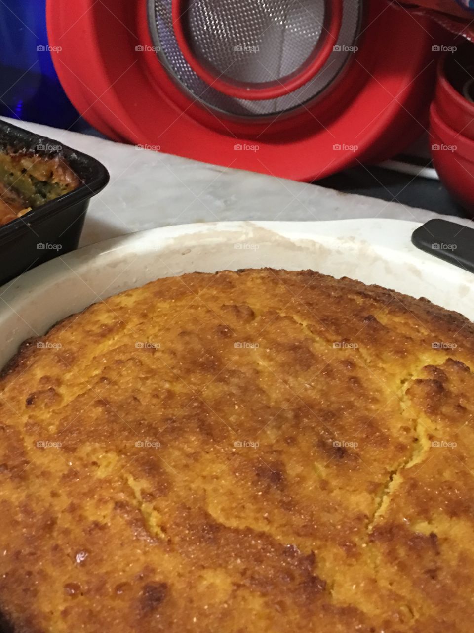 What's cooking? Homemade cornbread shown here in round baking pan closeup