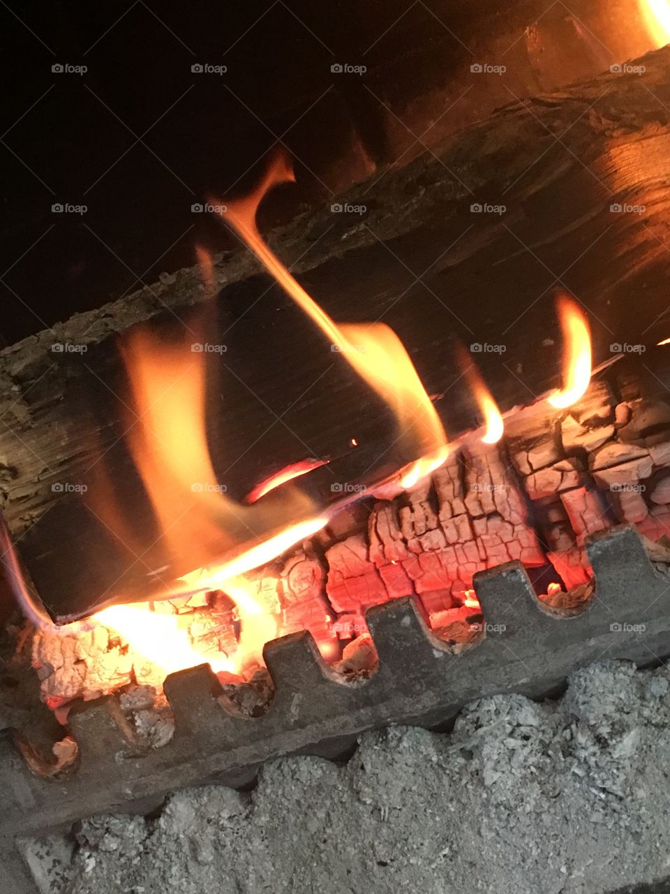 A fire burns in a fireplace.