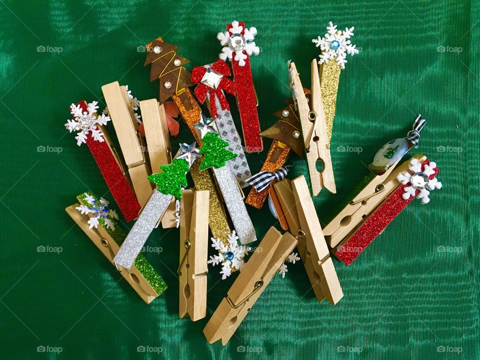 Decorated wooden clothes pin during christmas