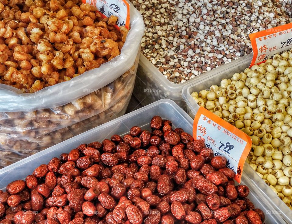 Bulk Food Bins In A Chinese Market. Chinese Herbs And Spices
