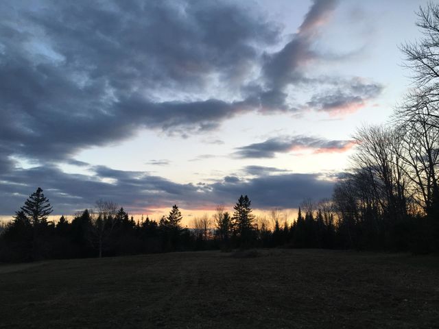 Autumn Sunset in Maine. Dark blue clouds, peach horizon and shadowed tree line.