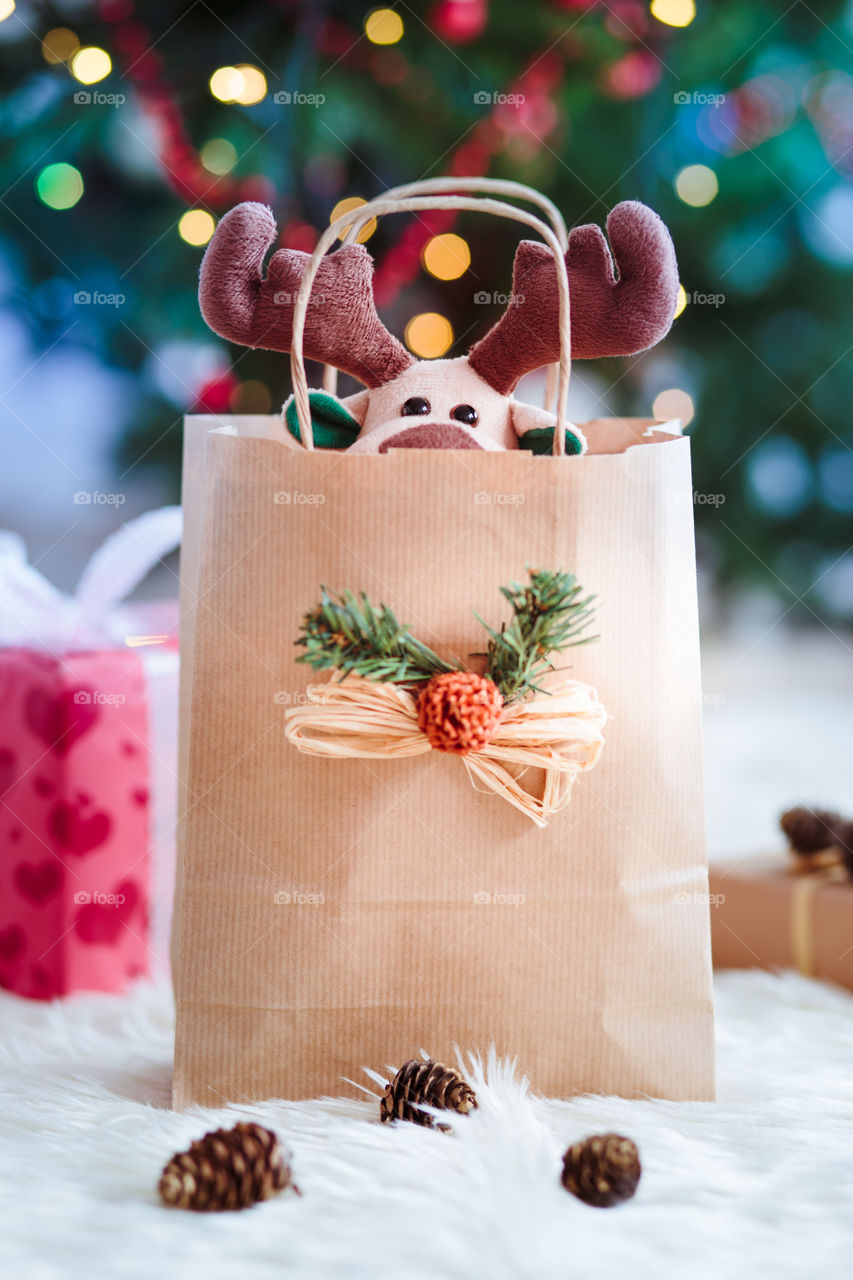 Soft toy in paperbag at Christmas