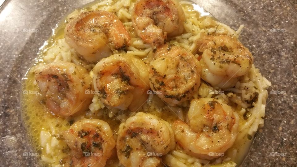 Shrimp Scampi over Broccoli and Cheese Rice