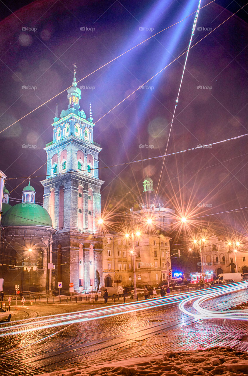 Lviv cityscape during the sunset