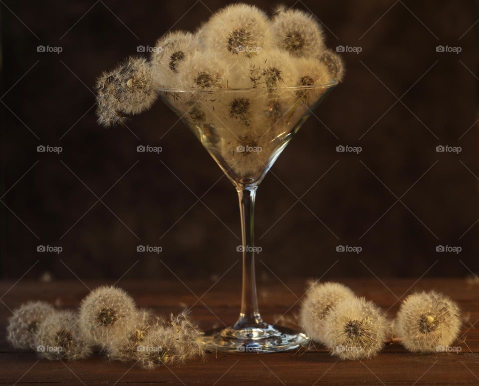 Cocktail glass with dandelion seeds. Summer time