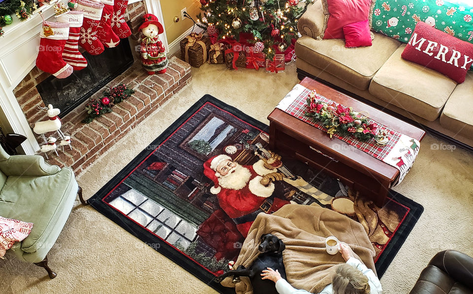 Cozy Christmas at home with blanket and coffee and pet.