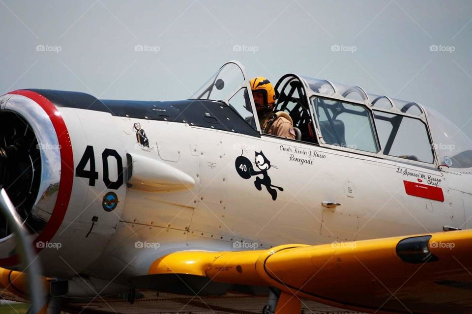 WWII Reenactment ail battle plane closeup with pilot