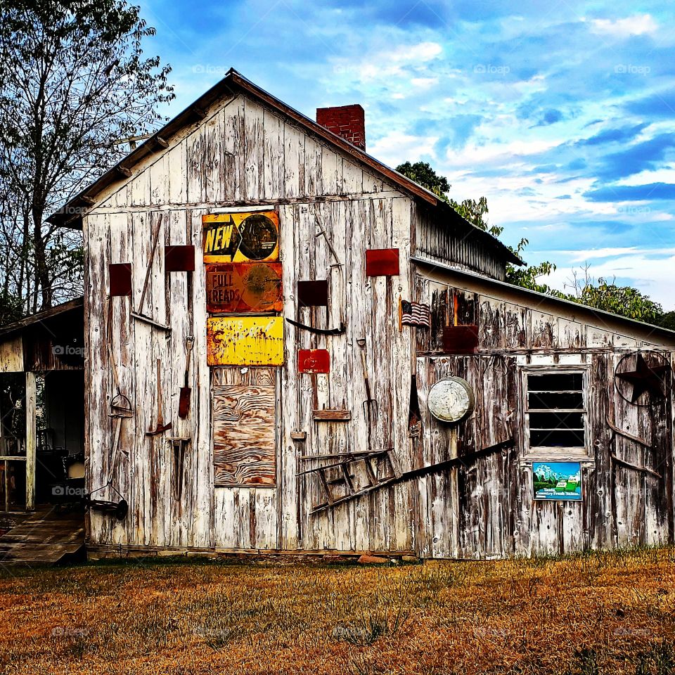shed with old farm tools
