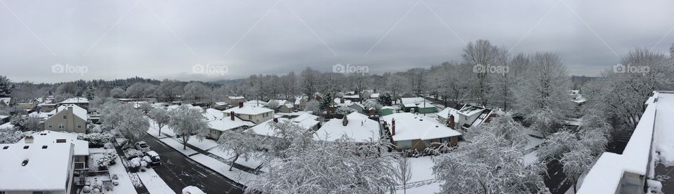 Cityscape panorama of the snow. Looks like a gingerbread village