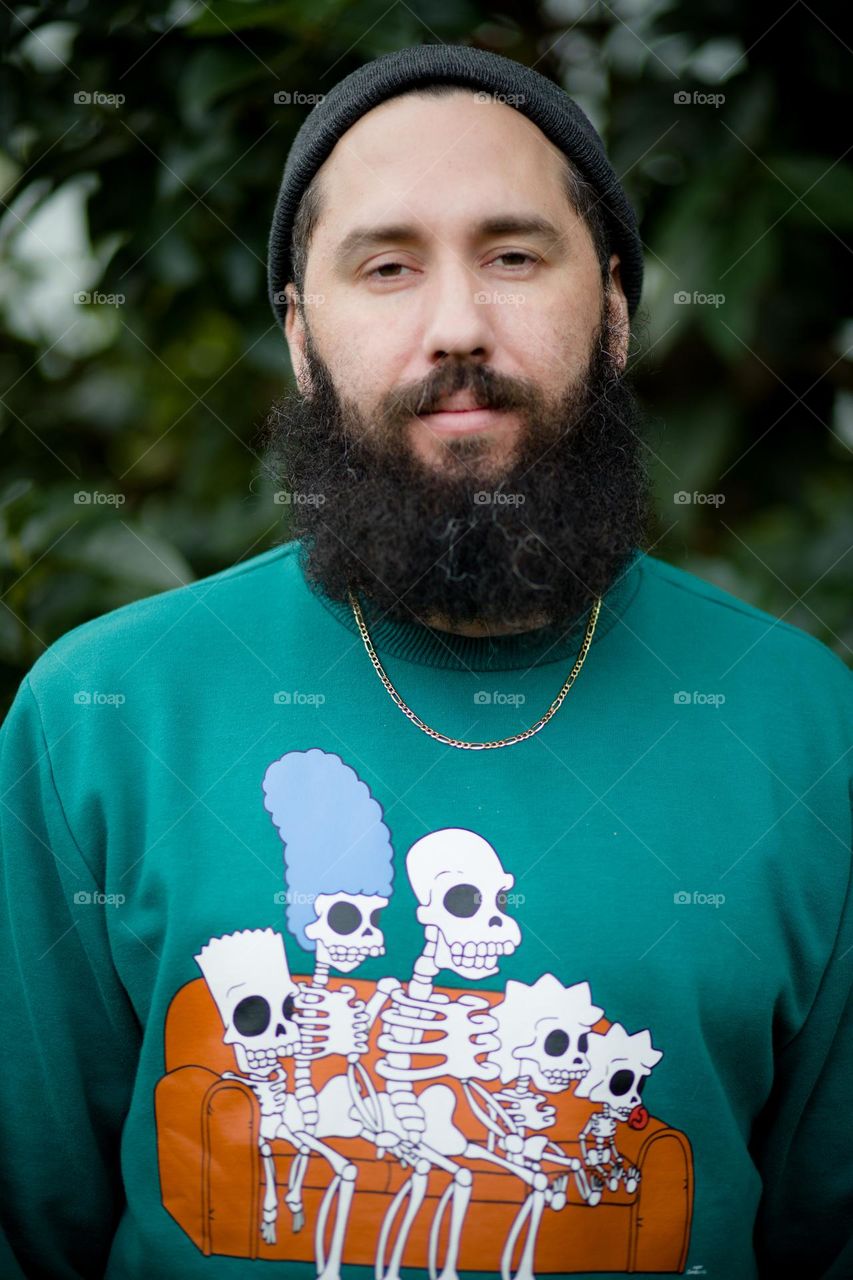 Portrait of Father wearing Sweatshirt and Beanie Hat