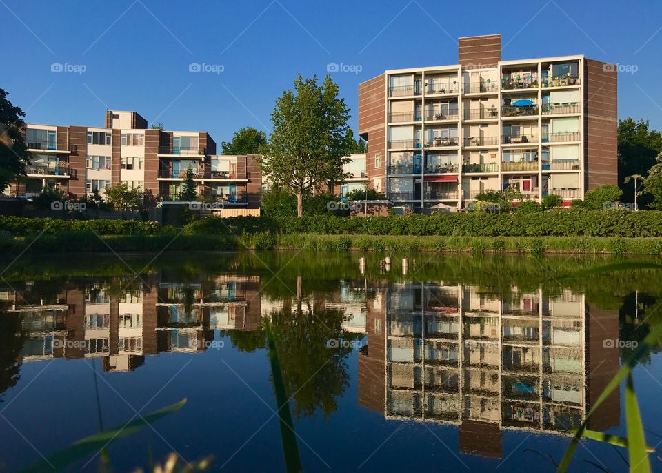 Reflection of modern buildings on water 