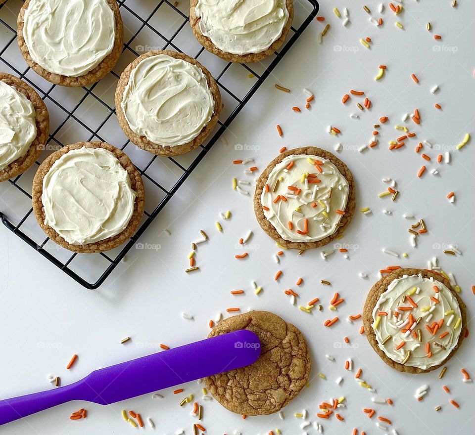 Baking Pumpkin Spice cookies at home, frosting pumpkin spice cookies, fall flavor cookies made at home, using Dolly Parton’s cookie mix in the kitchen