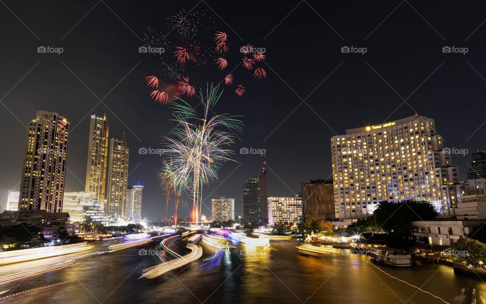 New Year Fireworks Chao Praya river Bangkok