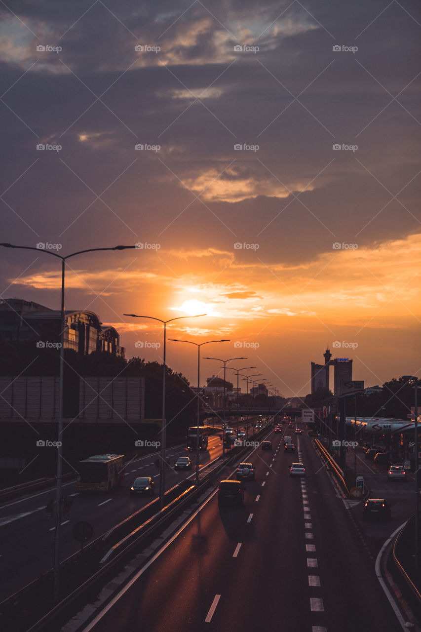 Belgrade highway during the sunset