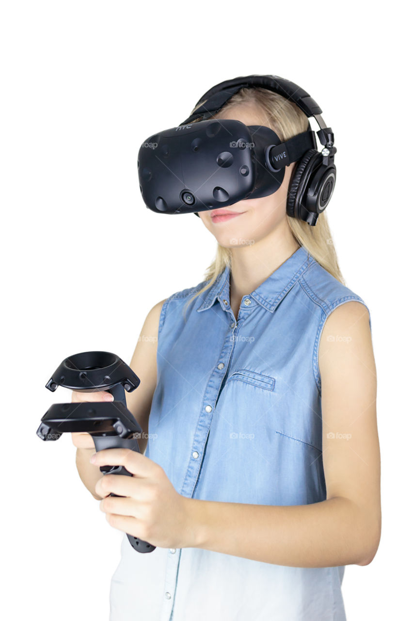 Girl in 3D virtual reality glasses - Virtual Reality Headset - HTC Vive