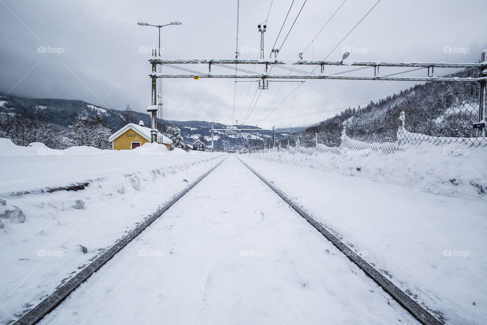 Train tracks during winter in a small Norwegian town 