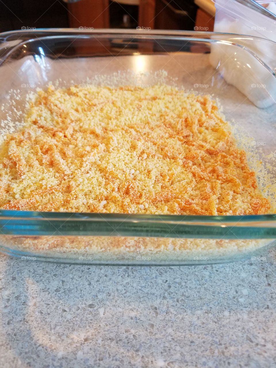 Breadcrumb in glass bowl on kitchen worktop