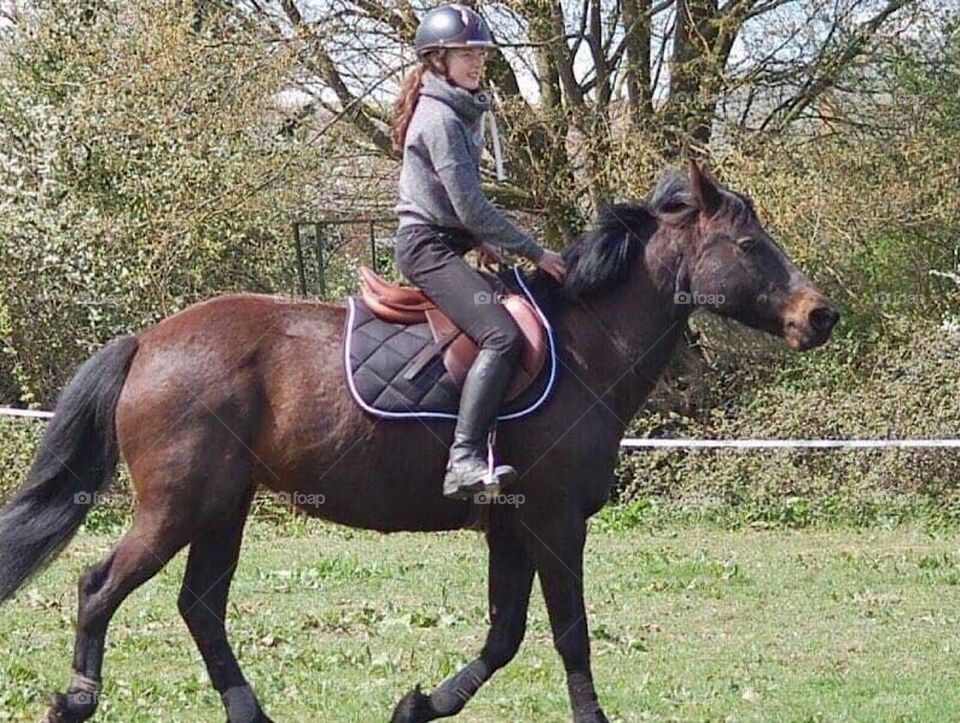 A girl riding bitless her mare, during a training session in autumn. The mare didn’t have bridle but she have a rope instead 