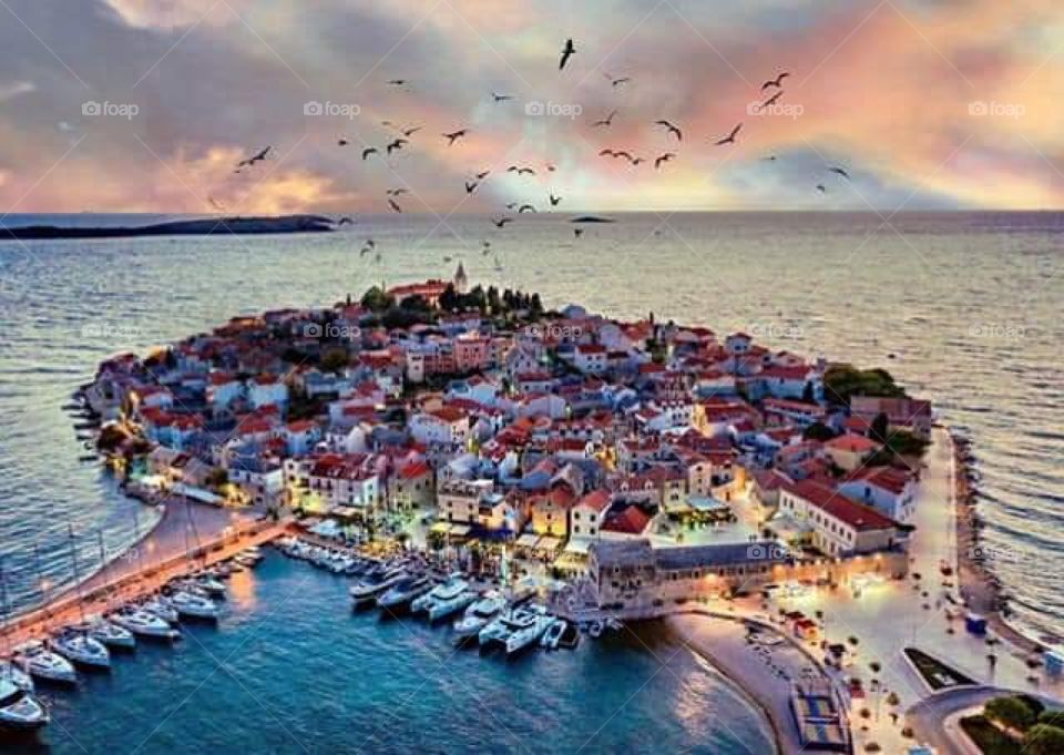 Aerial panorama in the evening in Primosten from Croatia