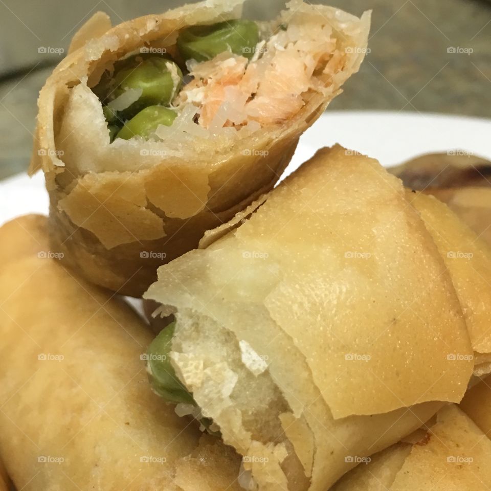 A different take on spring roll stuffing - salmon and green peas. Delicious! I wanted to create a "healthier" alternative but still have protein.