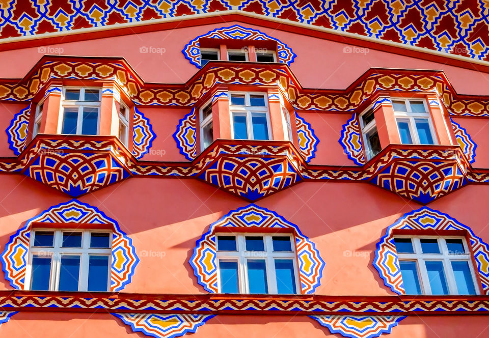 Colorful windows . Colorful windows on the building in city center of Ljubljana, Slovenia, Europe 