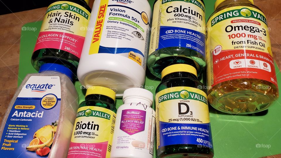 Vitamins in bottles, variety of supplements that lots of people use. They're for healthy bones, hair, skin  nails, allergies. All are over-the-counter.