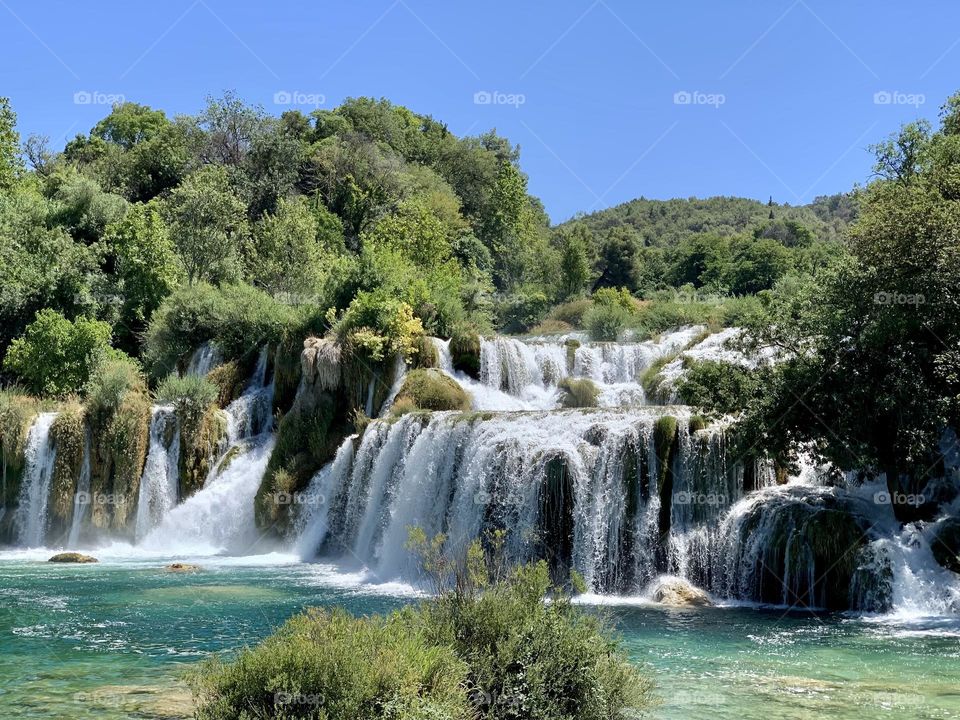 waterfall among green trees, summer, water, nature