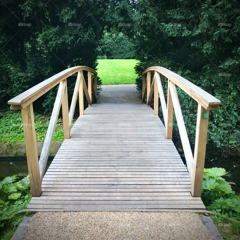 Wooden footbridge in public park with gate formed by trees.