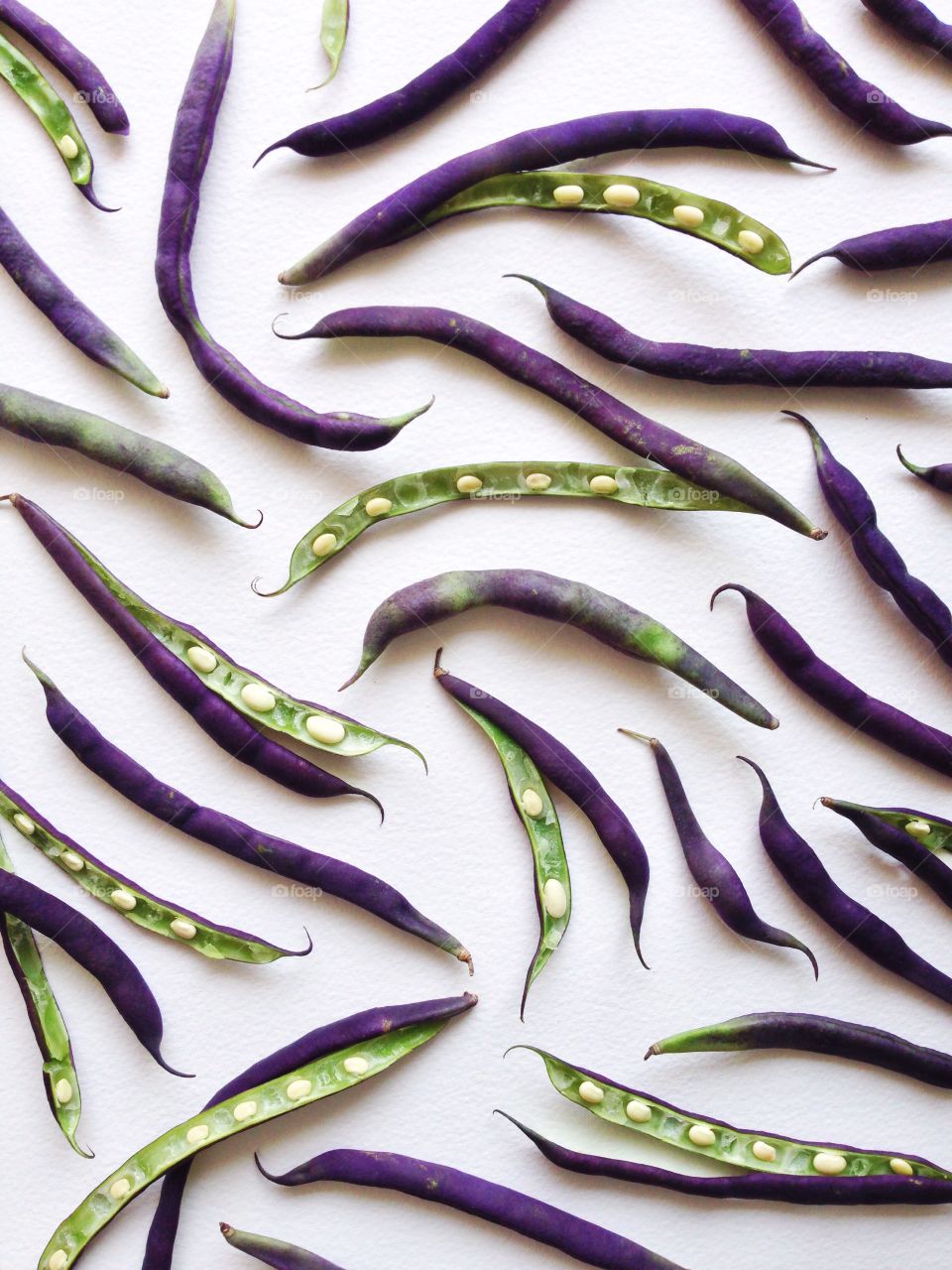 Purple hull peas collage on a white background