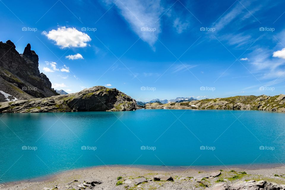 mountain lake, swiss alps.